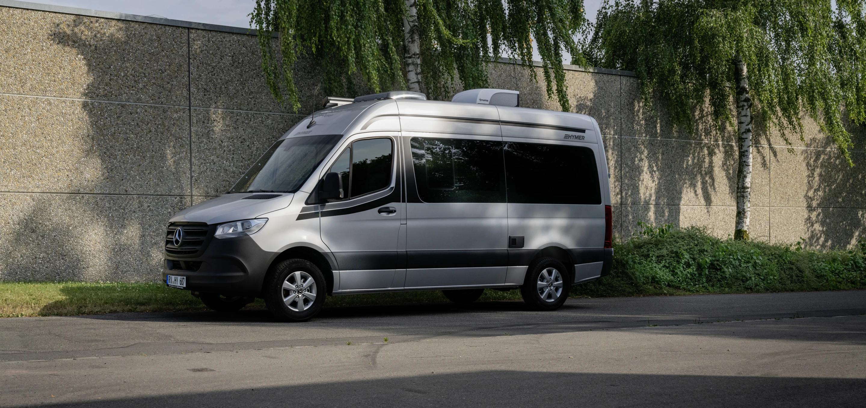 Launched in 2019, Hymer's DuoCar S has tinted windows, simple colors, and minimal exterior ports and flaps