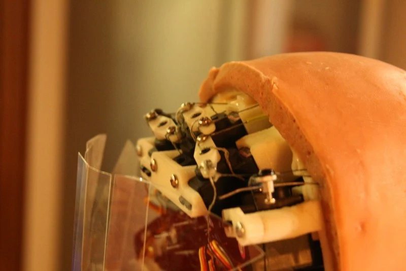 Thirty-two servo motors are integrated in the android skull and neck