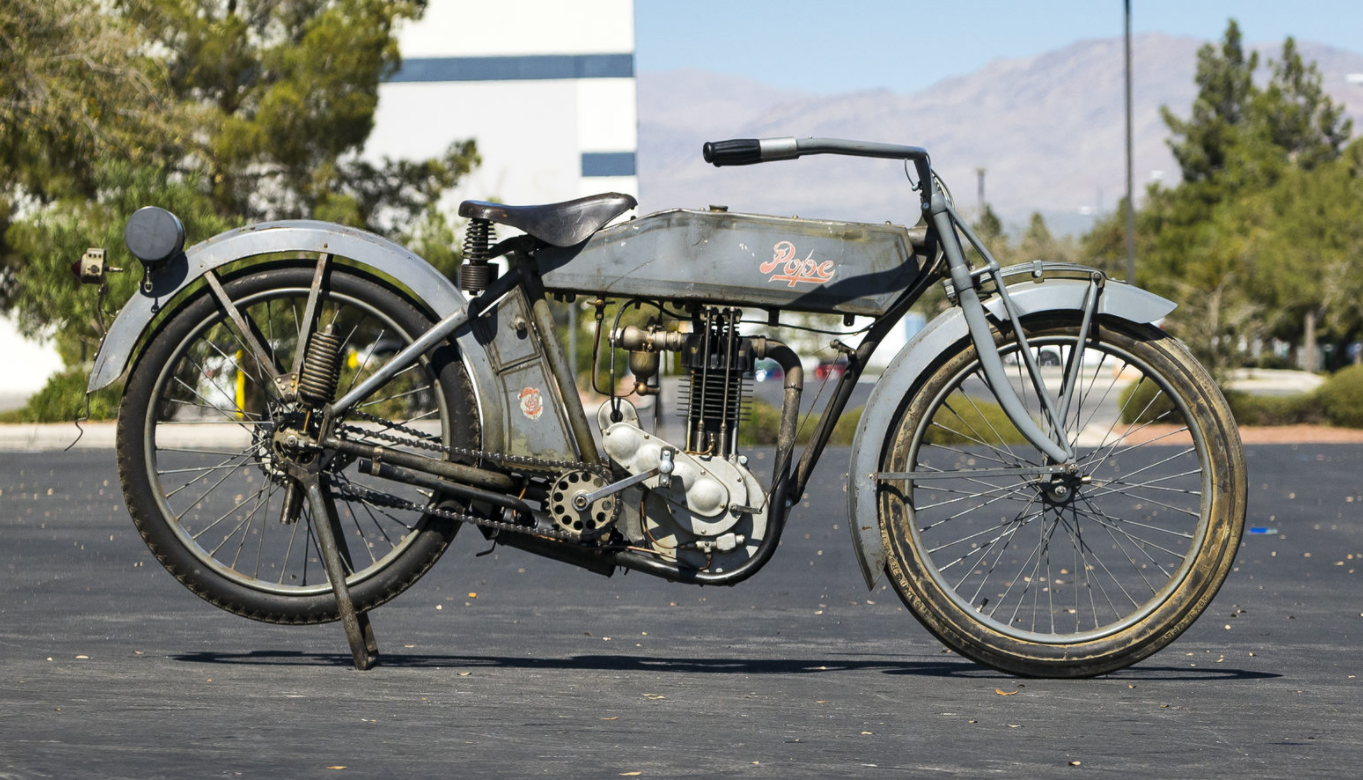The Model M was the first Pope single and the first American motorcycle to employ overhead valves in the engine. A significant motorcycle historically and one with the original century-old paint. Auction Description