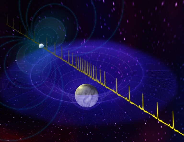 Rendering of the pulse from a massive neutron star being delayed by a white dwarf star in its path