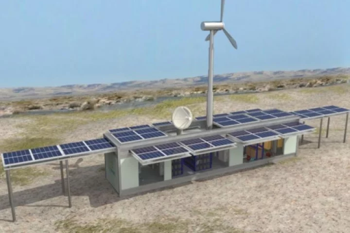 Ecosphere Technolgies' Ecos LifeLink system, with fully deployed solar panels and wind turbine attached