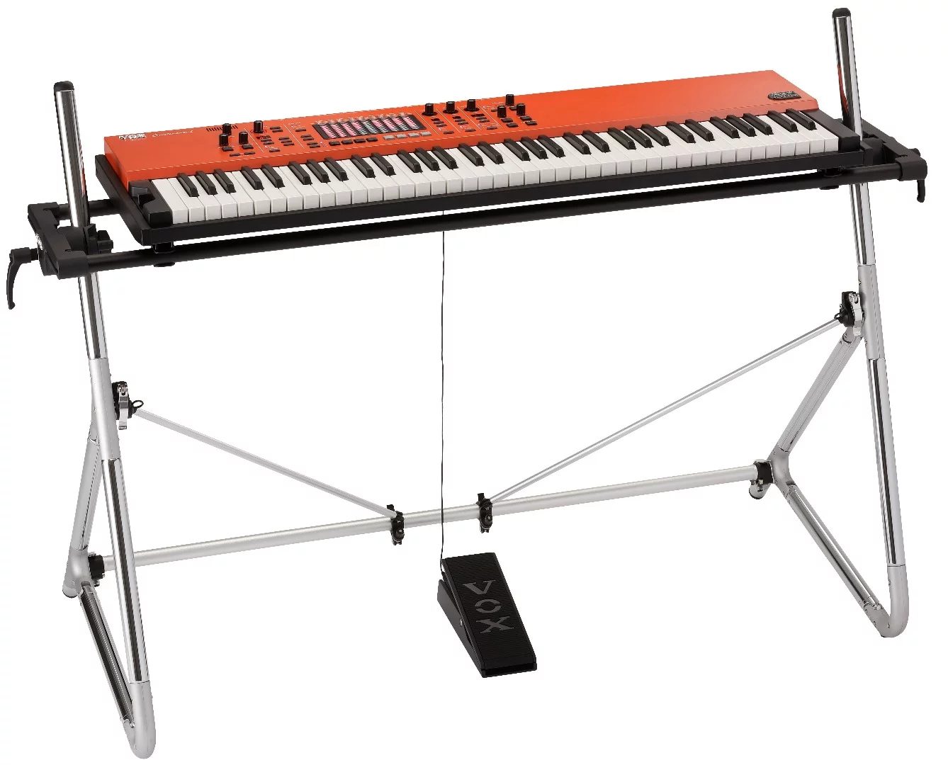 The 2017 Vox Continental keyboard comes supplied with am A-frame stand and an expression pedal