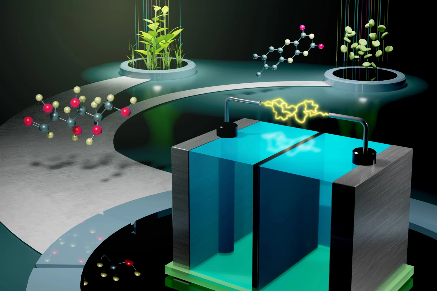 An artistic rendering of the new riboflavin and glucose flow battery, which generates a greater power density from the sugar than previous designs