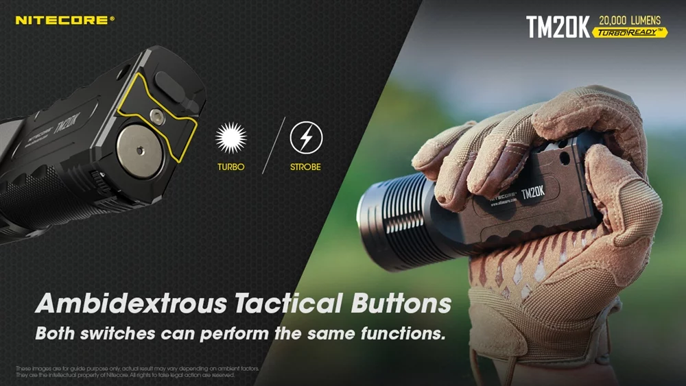 The Nitecore TM20K is designed to be used with one hand