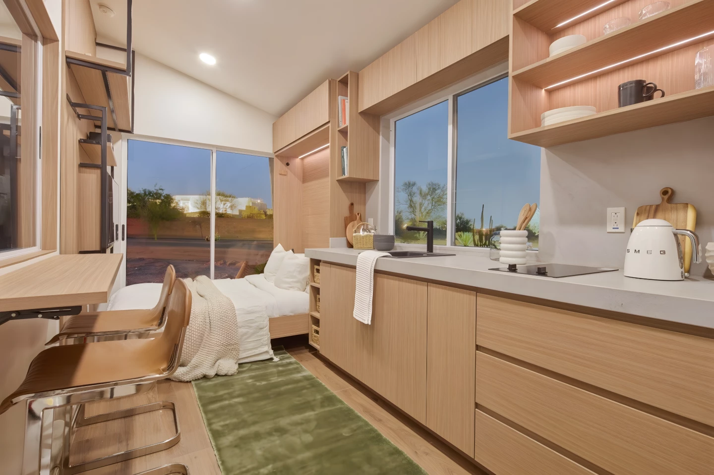 The Vettel Haus' interior saves space with a bedroom that doubles as a living room