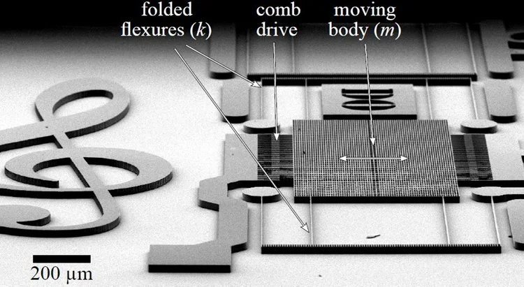 A Scanning Electron Microscope Image of one single mass-spring system, where the springs, the mass and the moving parts/comb drives can be clearly seen - note the scale