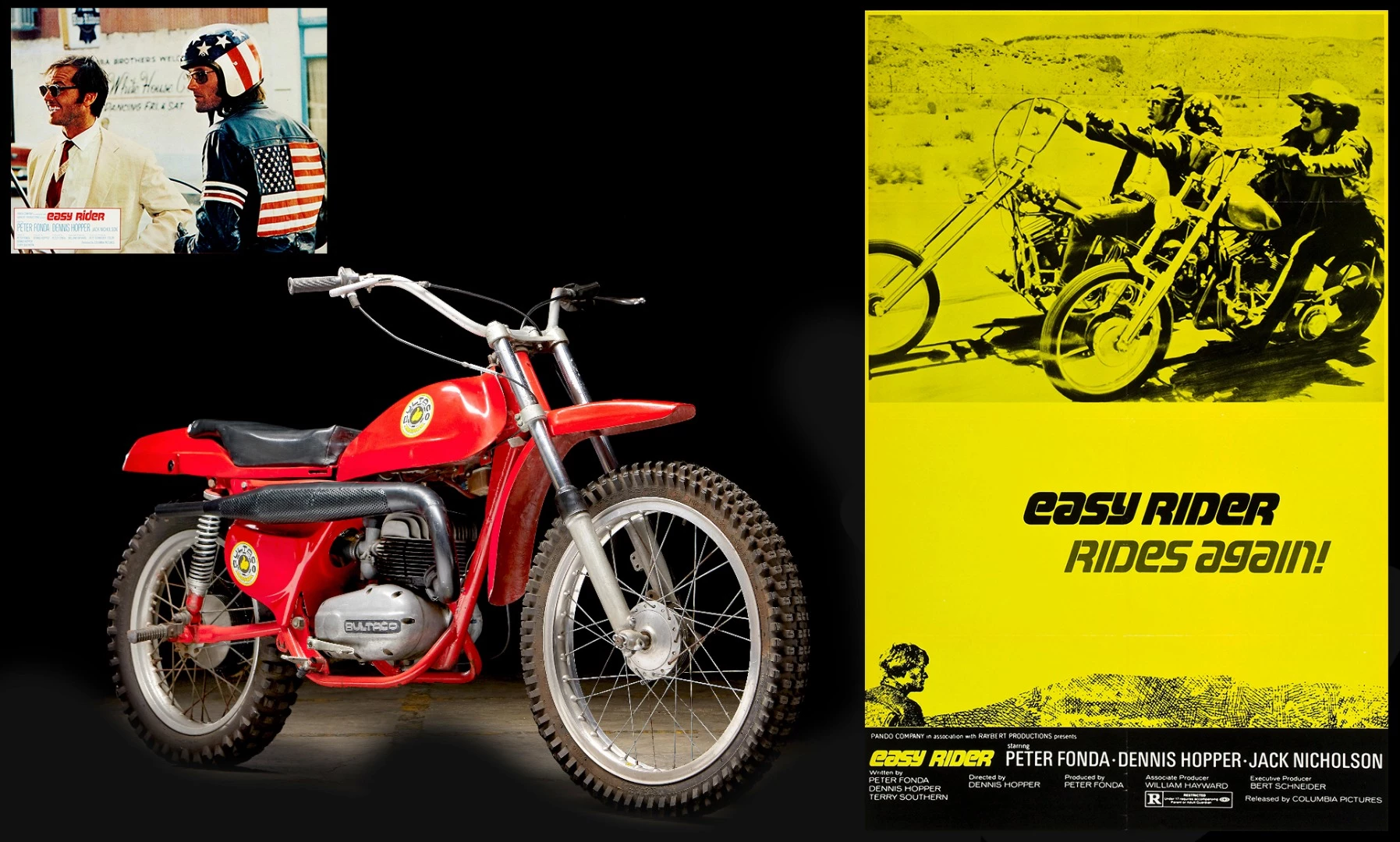 This is the Bultaco ridden by Peter Fonda in the opening sequence of Easy Rider, where Peter Fonda meets Dennis Hopper who is riding a CZ dirt bike, they become friends, and from then on they are both riding choppers