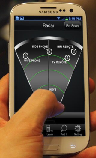 When the user needs to find a tagged object, a display on the phone’s screen will show them how far away it is