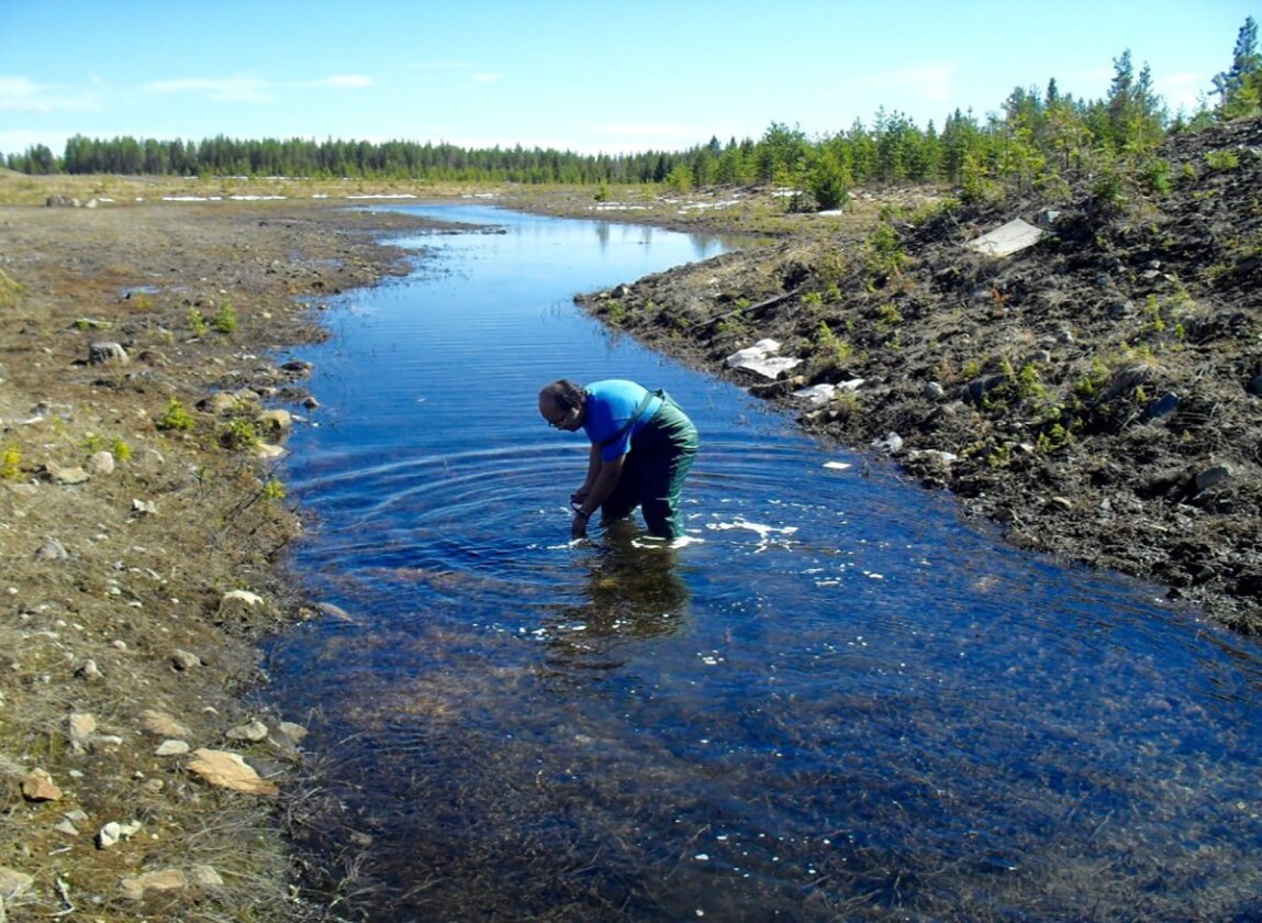 Arifin Sandhi collecting moss and water samples from the mine tillage areas in the Skellefte field, Sweden