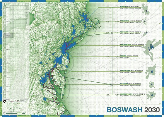 Höweler + Yoon describe ‘Boswash’ as encompassing 53 million residents living within the region that contributes a third of the US GDP (Image: Höweler+Yoon Architecture)