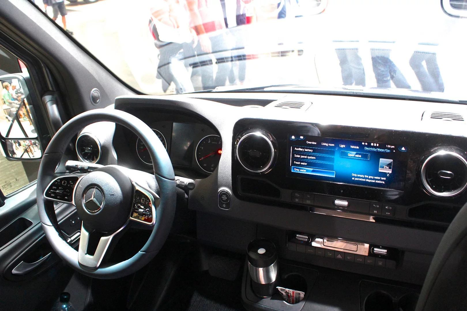 Use the Sprinter's MBUX infotainment system, the dedicated motorhome command center or a connected smart device to control and monitor lighting, water levels, audio, interior temperature and more