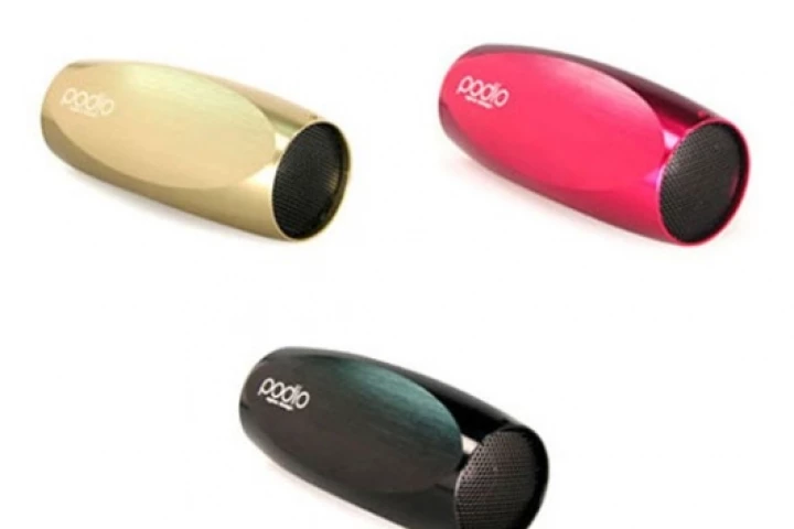 The Podio has speakers at the front and control buttons at the back and its exterior is a highly polished metal shell, which is available in red, gold or black