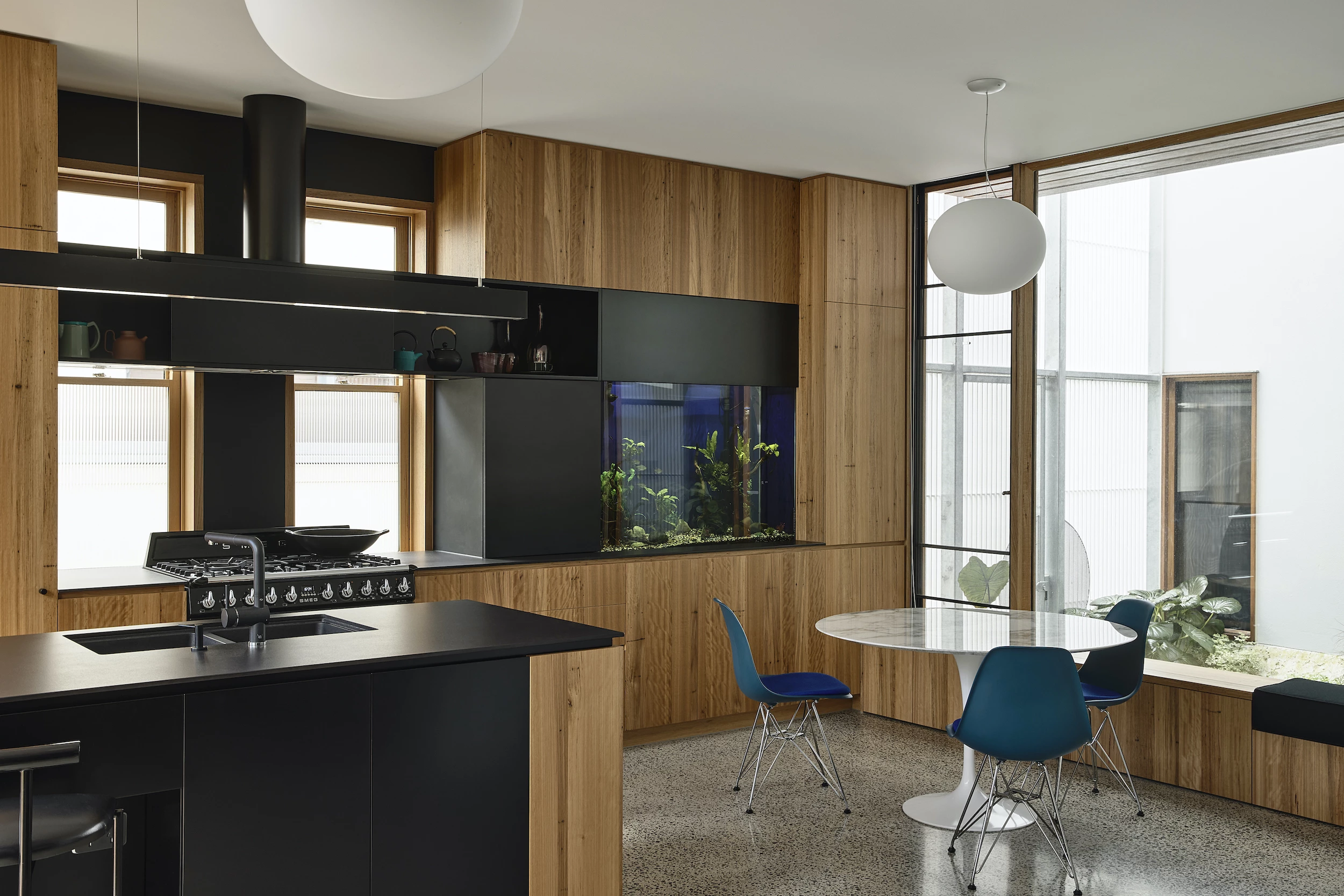 Helvetia's galley style kitchen includes a built-in fish tank