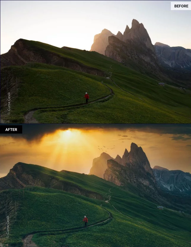 AI-assisted sky and lighting replacement can completely change the feel of an image