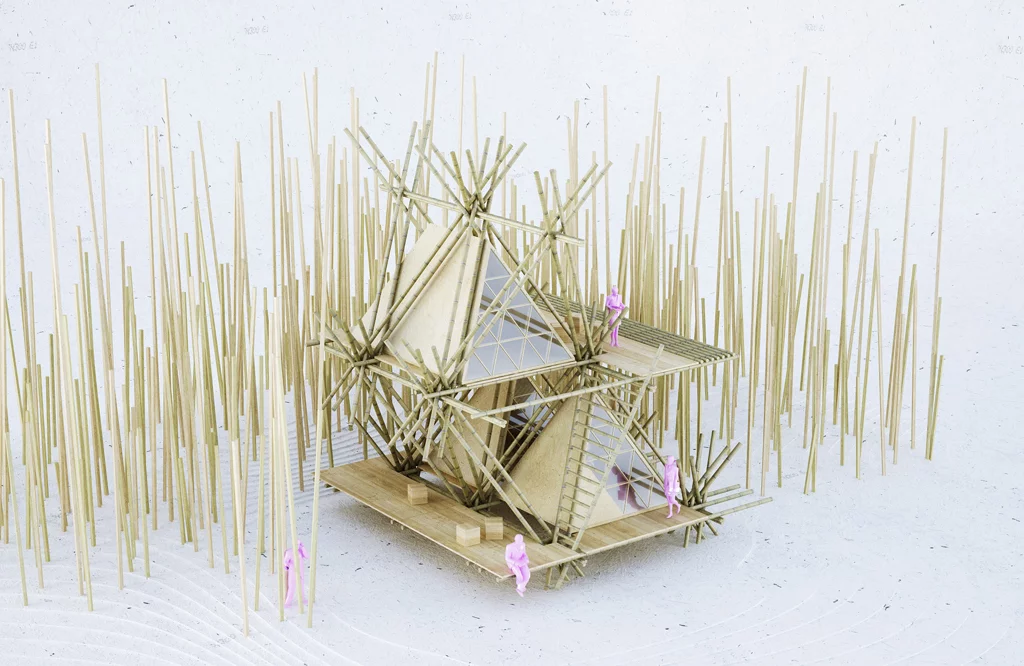 Several modules can be placed within the framework, including tent, toilet, and lobby (Image: Penda)