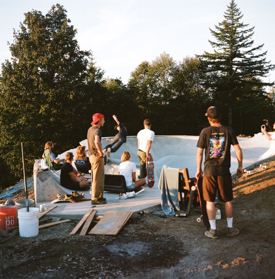 Below the treehouse buildings lie Huntington's wood-fired tub hot tub and the large concrete skate bowl