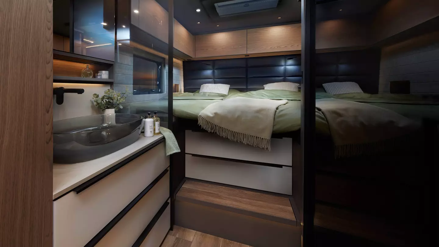 Smoked glass doors and surfaces throughout give the Flair a modern look like a luxury home or hotel