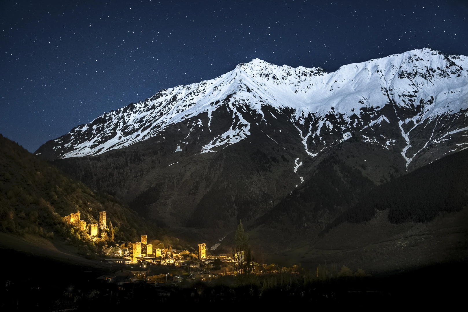 Second Place, Cities and Nature. Mestia, a small city in Georgia, at night.