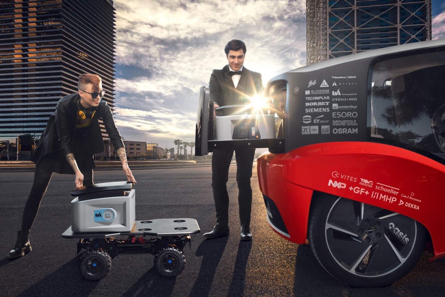 A robotic cart brings the package to the bumper, where it's placed in the digital-access lockbox