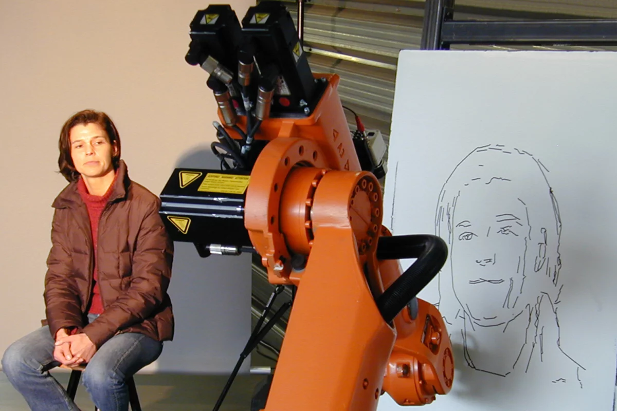 An industrial robot has been modified to autonomously create pencil sketches of human subjects