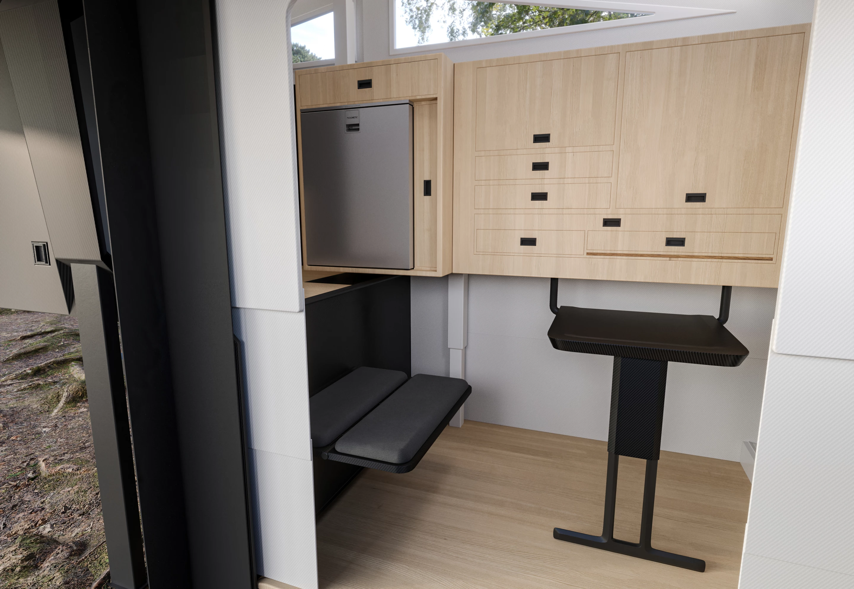 The flip-up, fold-out table creates a dining/work surface to be used with the bench and perhaps the step up to the bedroom