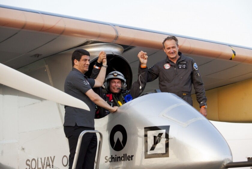 Bertrand Piccard, Mustapha Bakkoury (President of Management Board of MASEN) and André Borschberg after landing in Payerne (Photo: Solar Impulse - Laurent Kaeser)