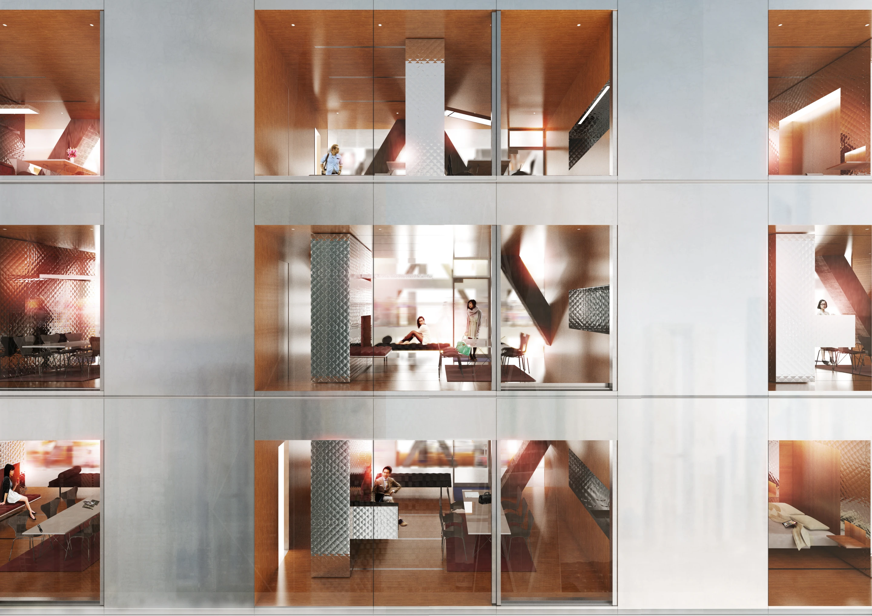 The hollowness that this gives the building means the apartments form a thin perimeter shell with windows facing both outward and inward. That the apartments have windows on either sides also increases the effectiveness of natural ventilation