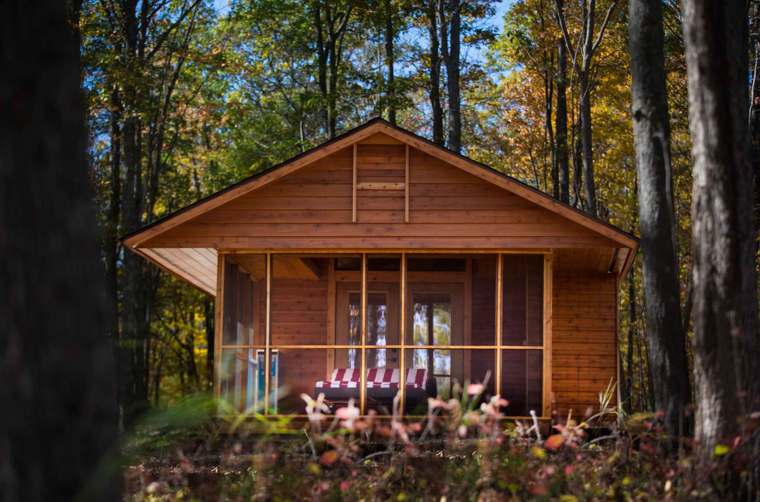 The rural cabin-like appearance is pulled off with aplomb thanks to finishing touches like real wooden window frames, hardwood floors, cedar wood siding, and large overhangs (Photo: Canoe Bay)