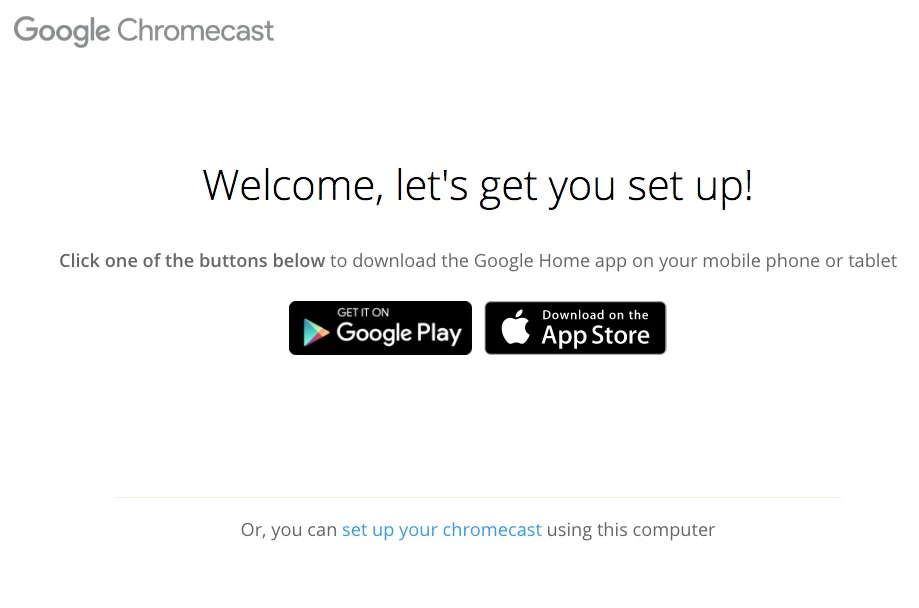 To set up the Chromecast from a laptop, Mac or PC, go to chromecast.com/setup using the Chrome browser, and then click "set up your Chromecast using this computer" at the bottom of the screen