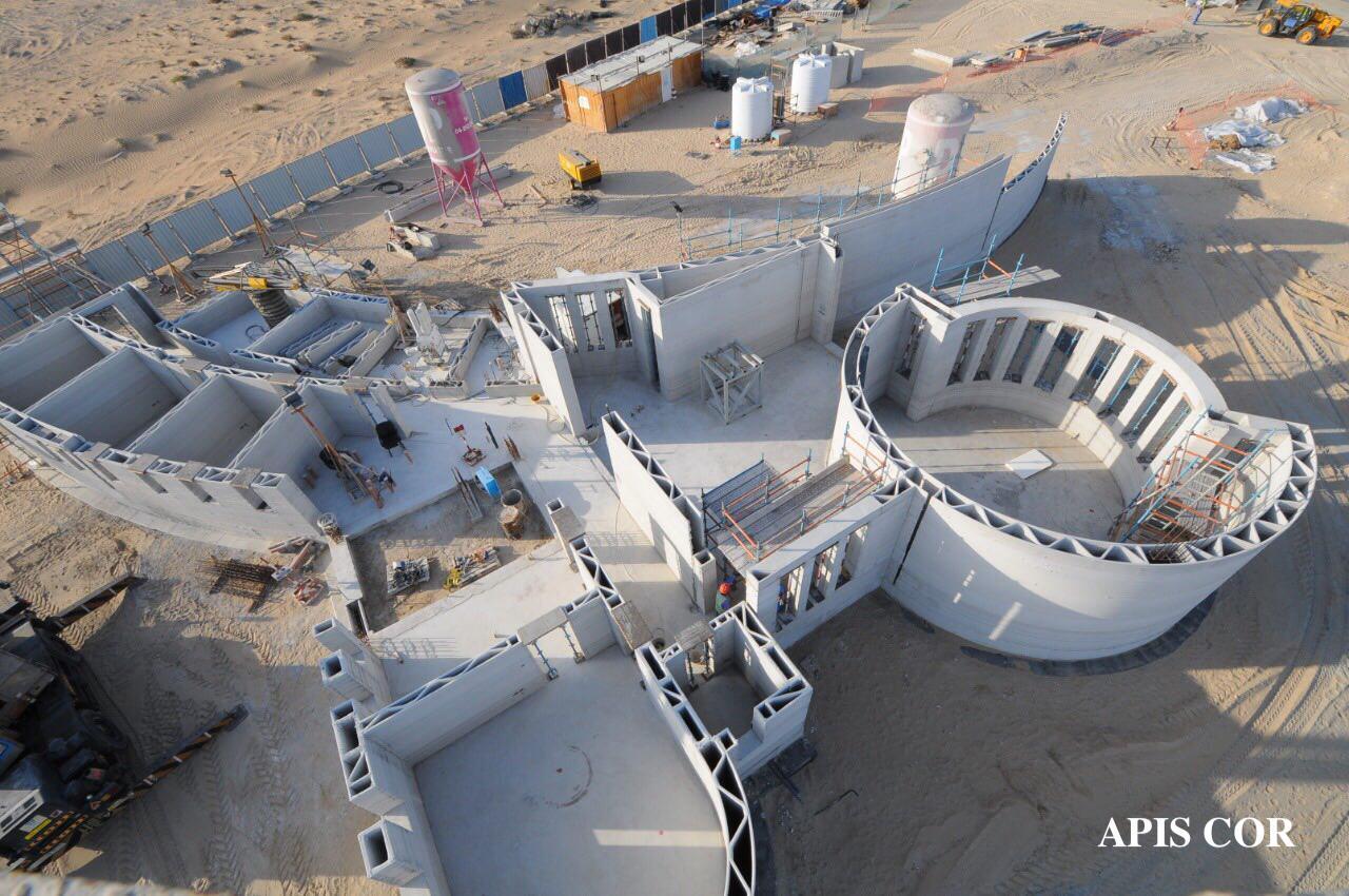 Apis Cor's 3D-printer, which is portable, was moved around on a crane to build the administrative building bit by bit