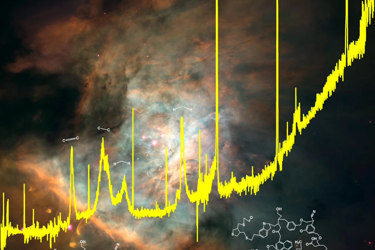 A spectrum from the Infrared Space Observatory superimposed on an image of the Orion Nebula where the complex organics are found