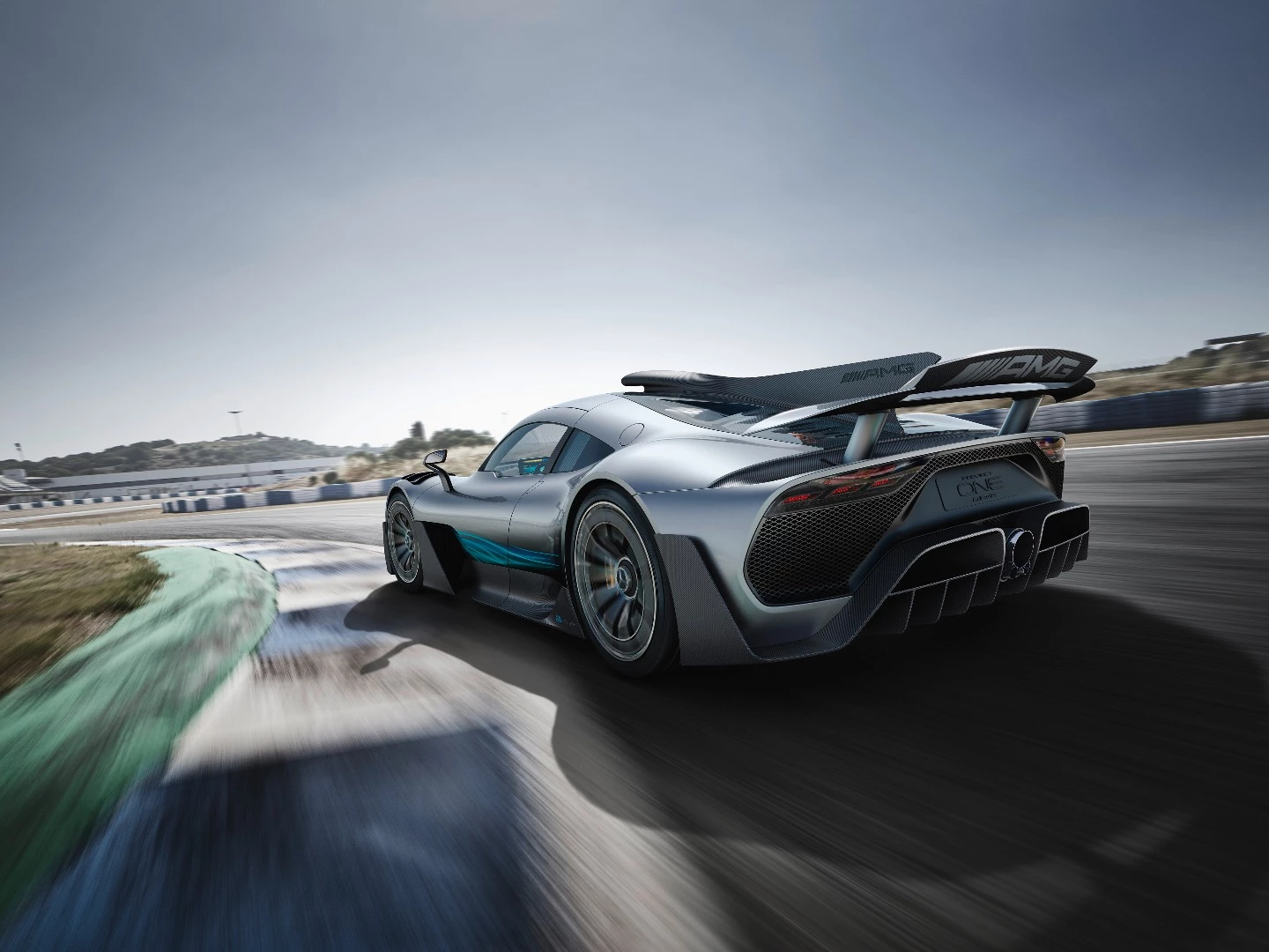 The Mercedes-AMG Project ONE will offer over 1,000 hp and a top speed beyond 350 km/h (217 mph). The rear of the car is dominated by a pop-up wing which deploys from the rear of the bodywork at a set speed to enhance downforce.