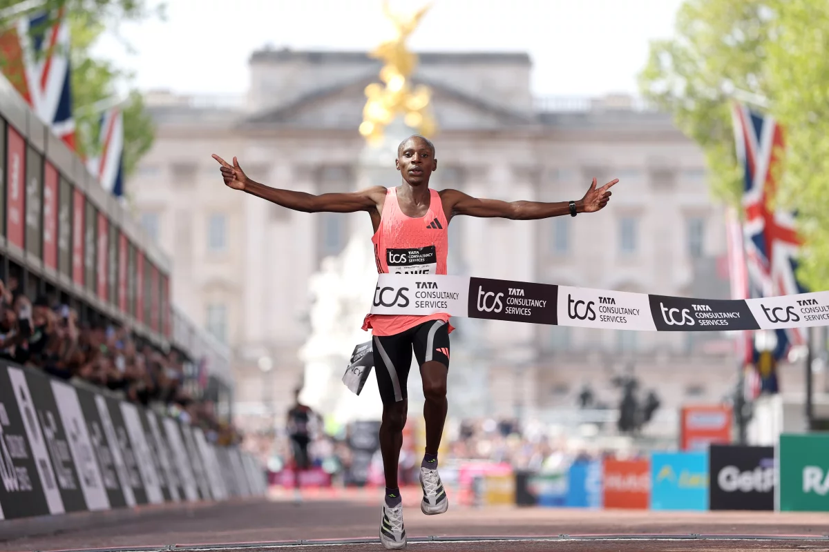 Sabastian Sawe of Team Kenya celebrates crossing the finish line in the Men’s 2026 TCS London Marathons, etting a new World Record time