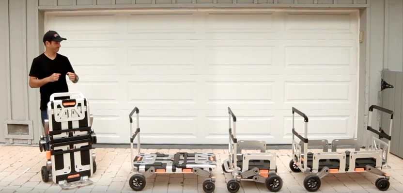 The Erovr as a hand truck, open flat cart, half cart and wagon (left to right)