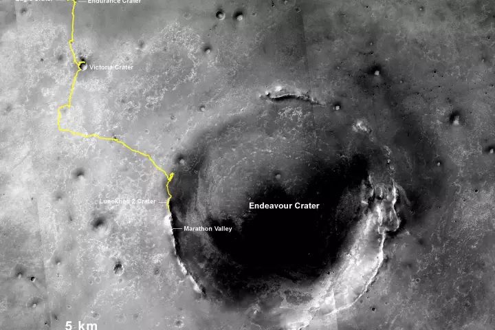 An image displaying Opportunity's path from its deployment zone in Eagle Crater, to its current position (Image: NASA/JPL-Caltech/MSSS/NMMNHS)