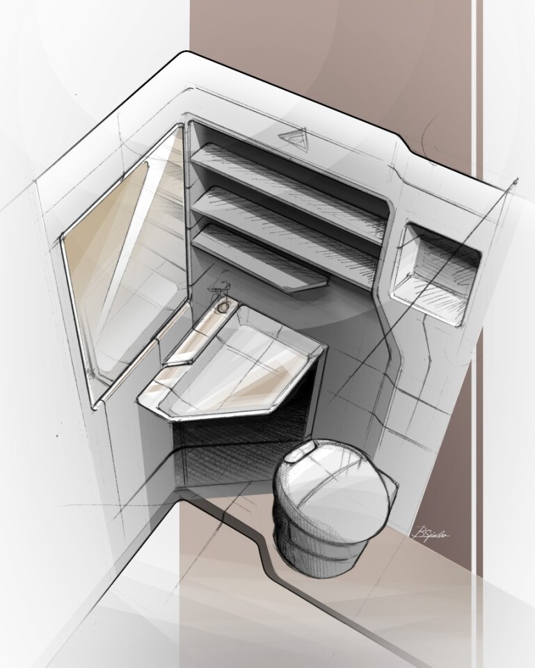 The concept van had a drop-down sink directly over the toilet, whereas this sketch shows a corner sink and compact toilet, possibly with swivel-away capability
