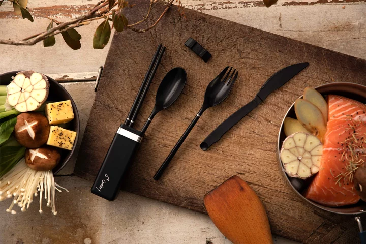 The S+ Cutlery kit comes with fork, knife, spoon, and chopsticks with rest