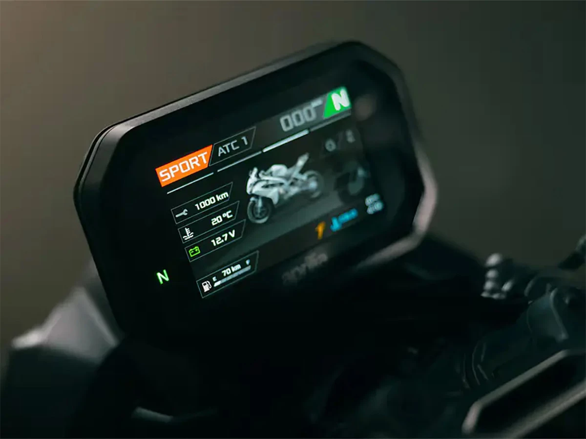 The 5-inch color TFT dash lets you switch between three riding modes, and connect to your phone wirelessly