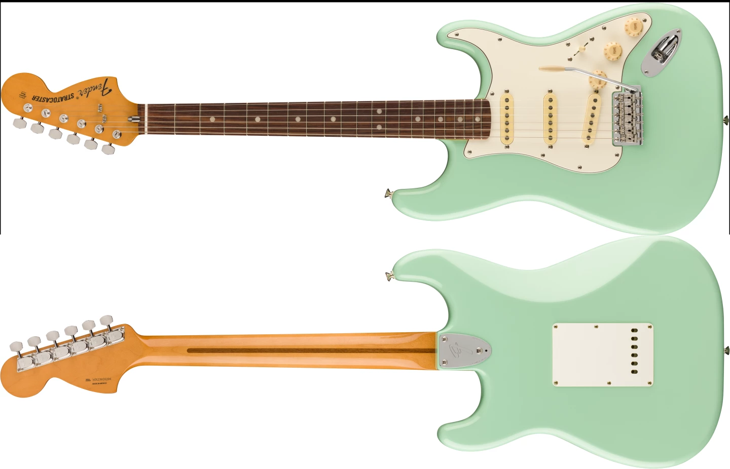 The Vintera II 70s Strat design is recognizable by its oversized headstock, and rounded heel plate with micro-tilt adjuster