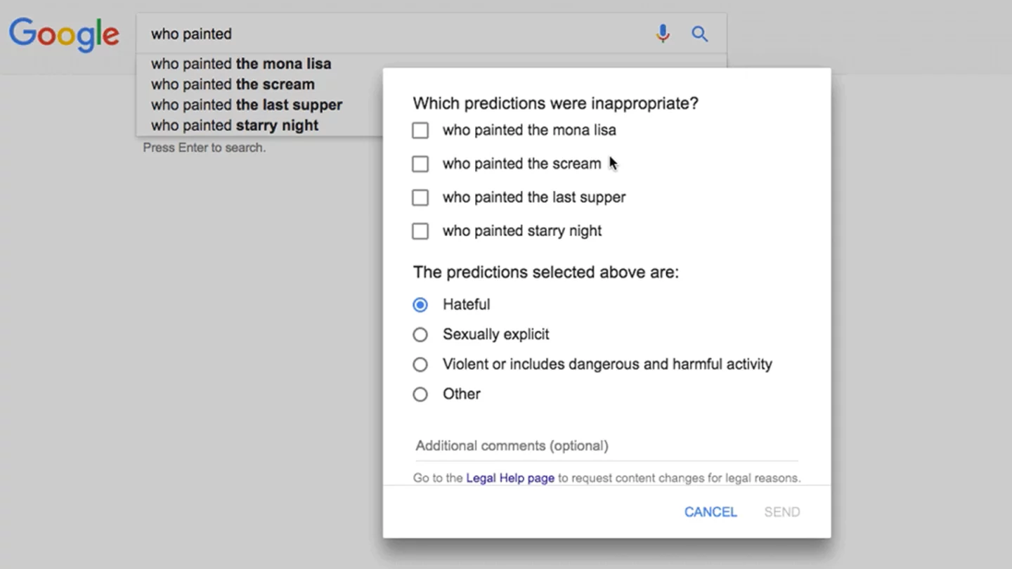 There are new user feedback tools for flagging offensive, incorrect or misleading information in Google's Autocomplete and Featured Snippets