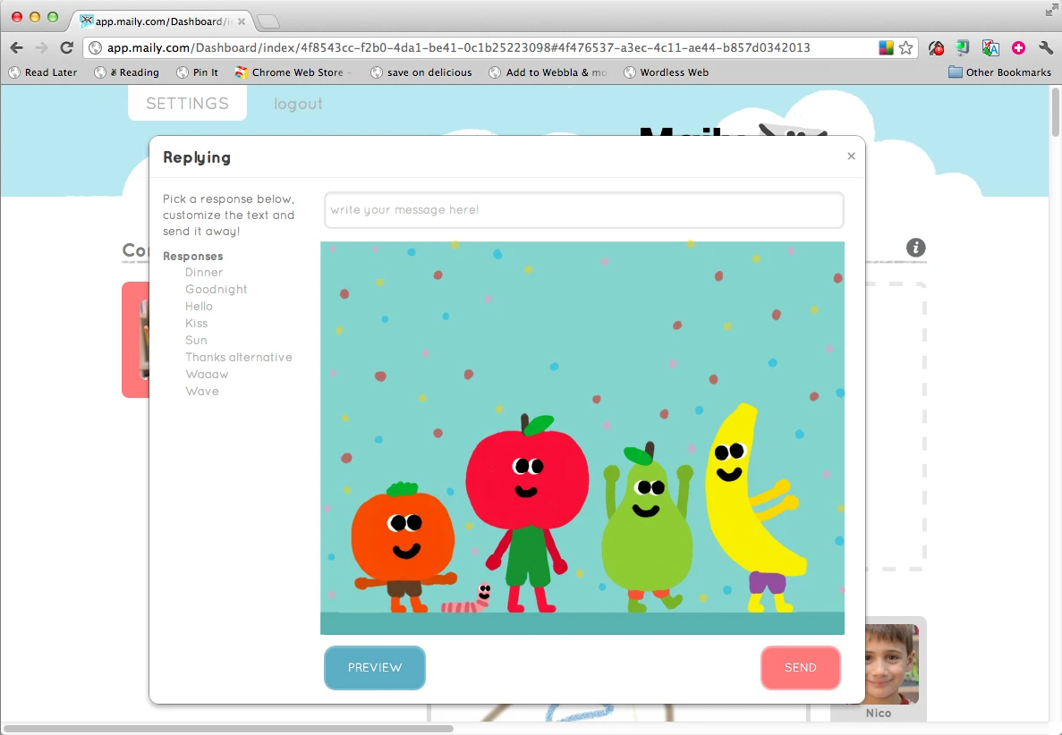 The Maily dashboard gives adults the option to select an image or animation and then add their email text