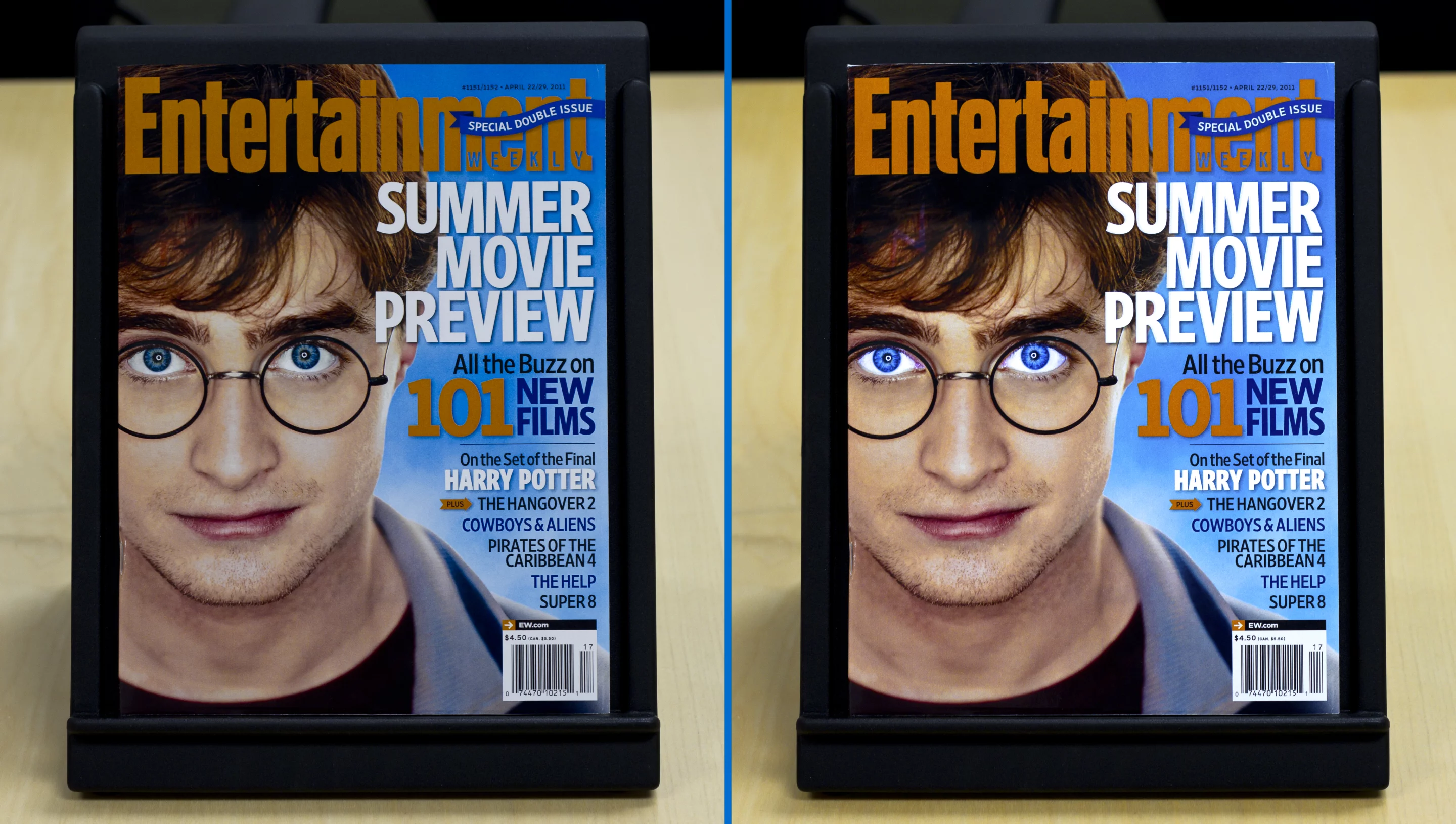 An enhanced edition of Entertainment Weekly which lights up when placed on the stand, thanks to wireless power transfer