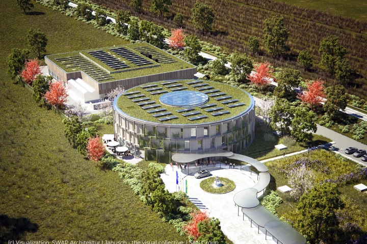 Visualization of the SAN Biotech Park under construction in Herzogenburg, with its huge 1.5 MW solar array on top