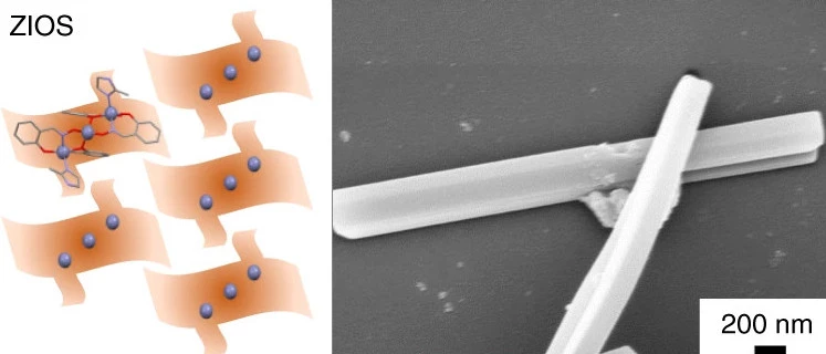 A diagram of a ZIOS network (left) and a scanning electron microscopy image of a ZIOS-copper sample on a silicon wafer