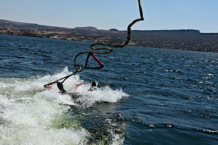 The author expertly demonstrating how to wake surf properly at Alcova Reservoir in Wyoming