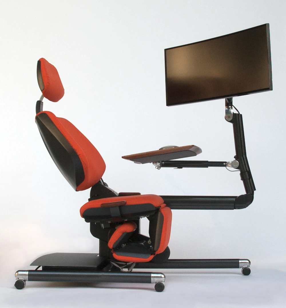 The workstation comprises an ergonomic chair, a small desk, and monitor stand in one