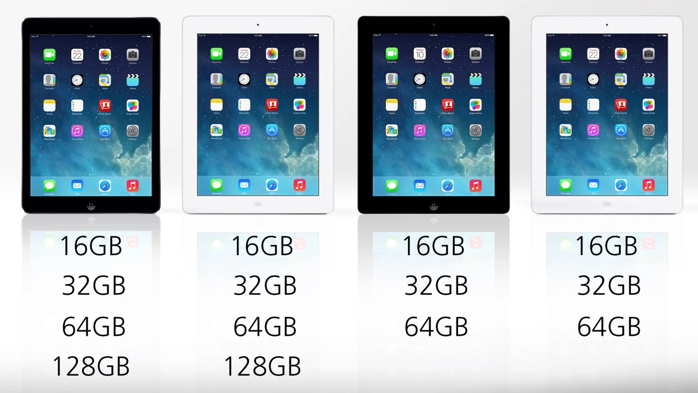 Storage options originally available for each iPad
