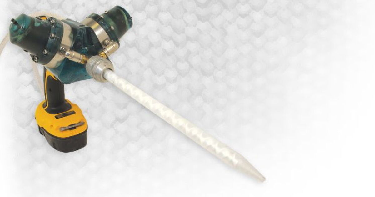 Dra-gun uses a power drill to mix and apply two-part liquids
