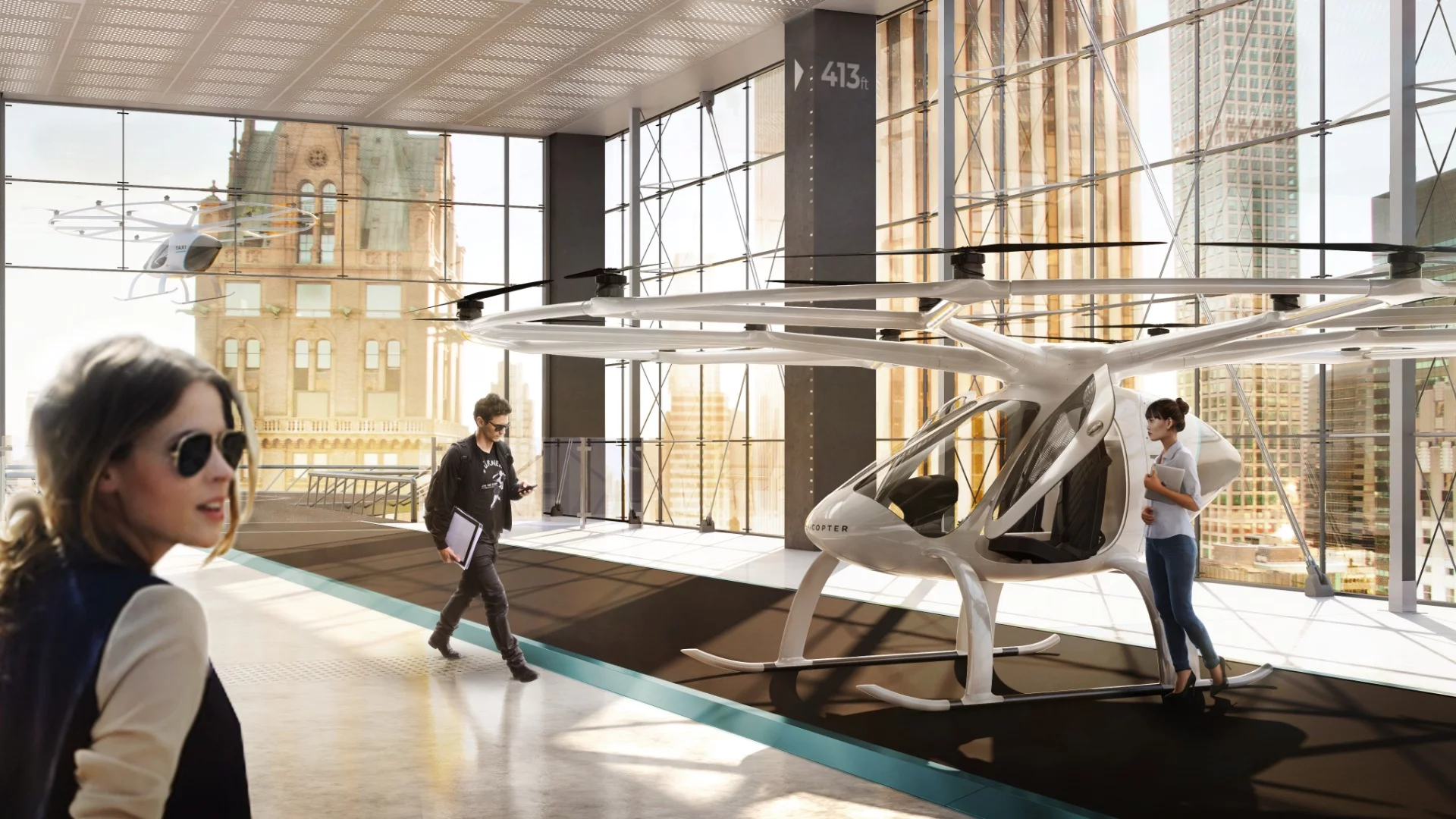 Voloctoper imagines one day passengers will climb aboard its electric aircraft from dedicated stations in urban centers