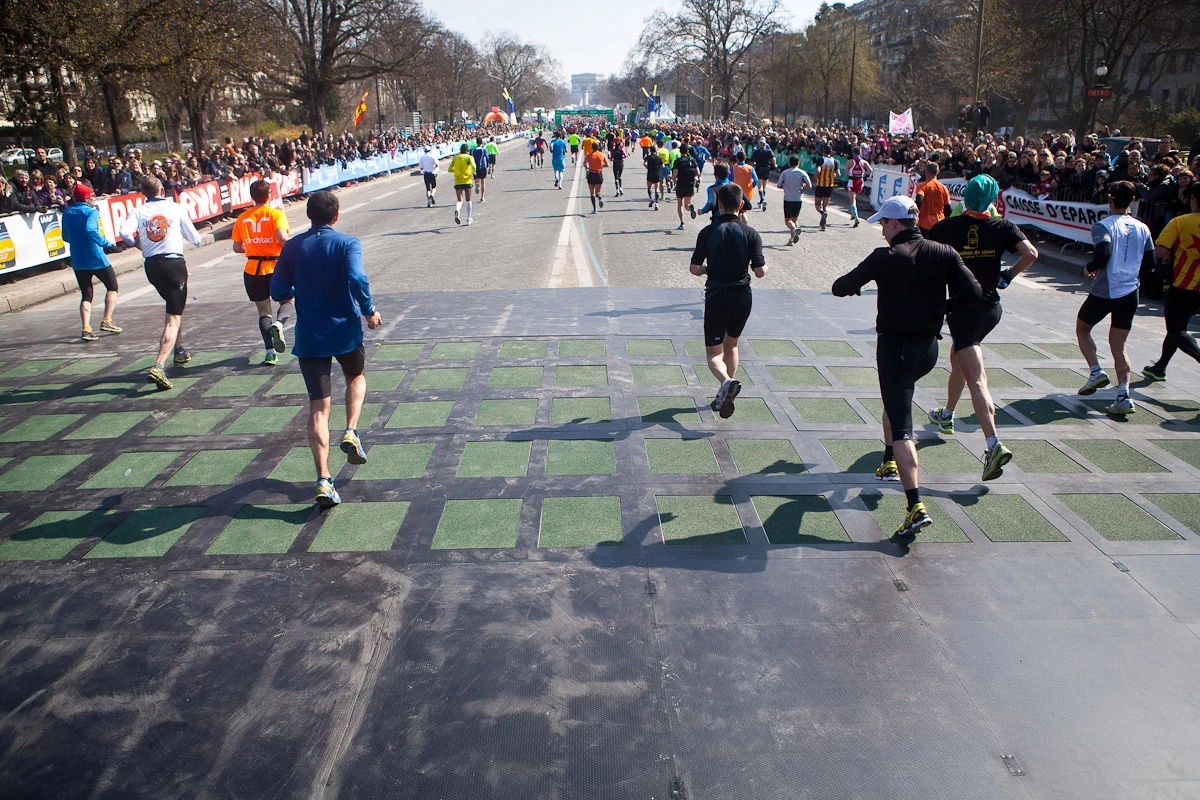 176 Pavegen energy-harvesting tiles were installed near the departure point of the 2013 Paris Marathon, spanning the famous Champs-Élysées